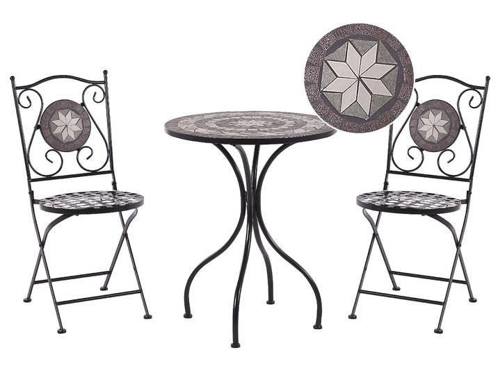 BELIANI Balkonset Schwarz Eisen 3-teilig Keramik Mosaik Runder Tisch mit 2 Stühlen Zusammenklappbar Garten Outdoor Terrasse Ausstattung Möbel