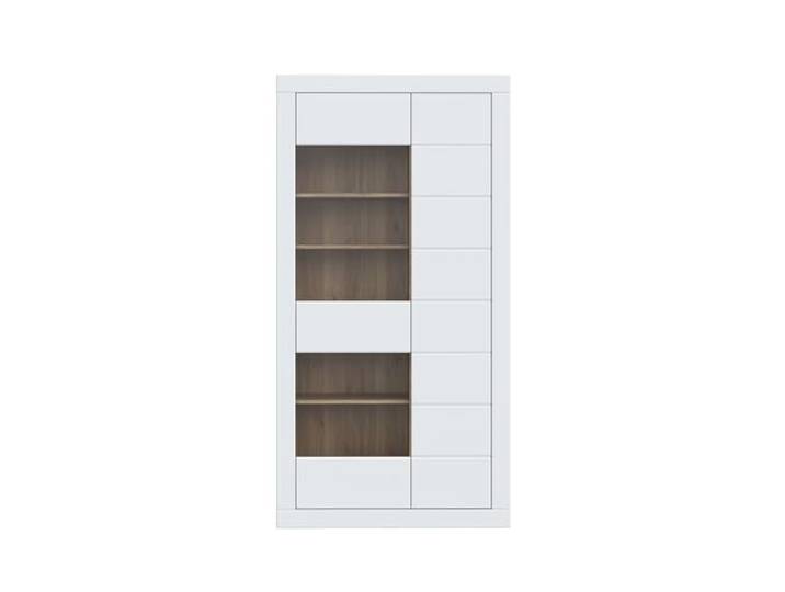 möbelando Stauraumvitrine >LEFKADAS< in modernem Design mit Push-to-Open, 2 Drehtüren, Glaselement, Weiß/Mauvella Eiche Dekor, 101x196x41,4cm (BxHxT), viel Stauraum, 9 Böden