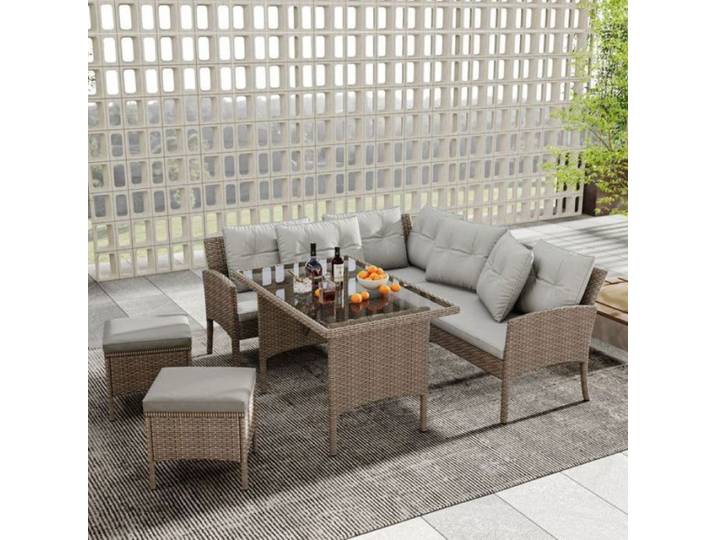 Mobilier de jardin exterieur - Salon en polyrotin pour 7 personnes avec canapé table tabourets coussins housse tissu amovible lavabl