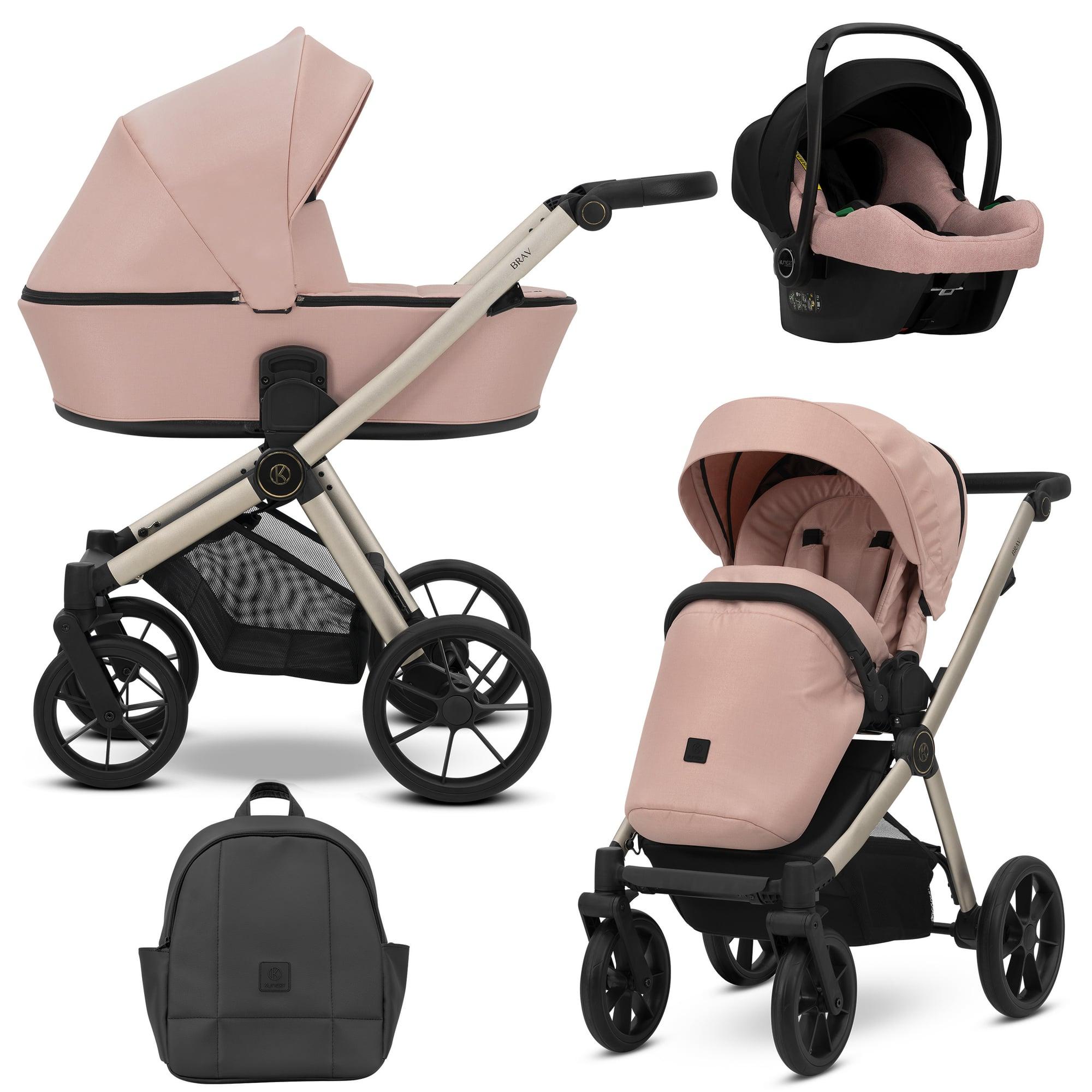 Kunert Brav 3-in-1 Kombikinderwagen Pink mit Babyschale, Champagner-Rahmen