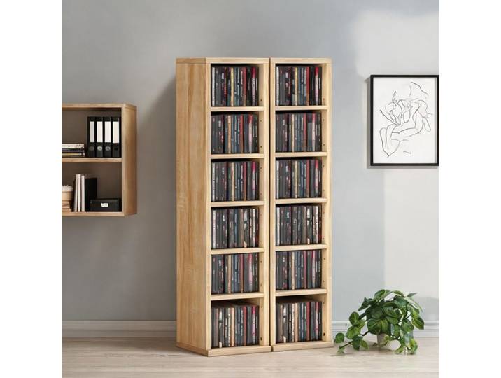 Colonne de rangement médias en chêne lot de 2 avec 12 compartiments capacité 204 CD panneau de particules