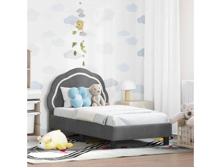 RJPLMFV Bettgestell für Kleinkinder, mit Kopfteil, Dunkelgrau Holz und Samt, Lattendesign ohne Lattenrost, niedrige Struktur, einfache Reinigung