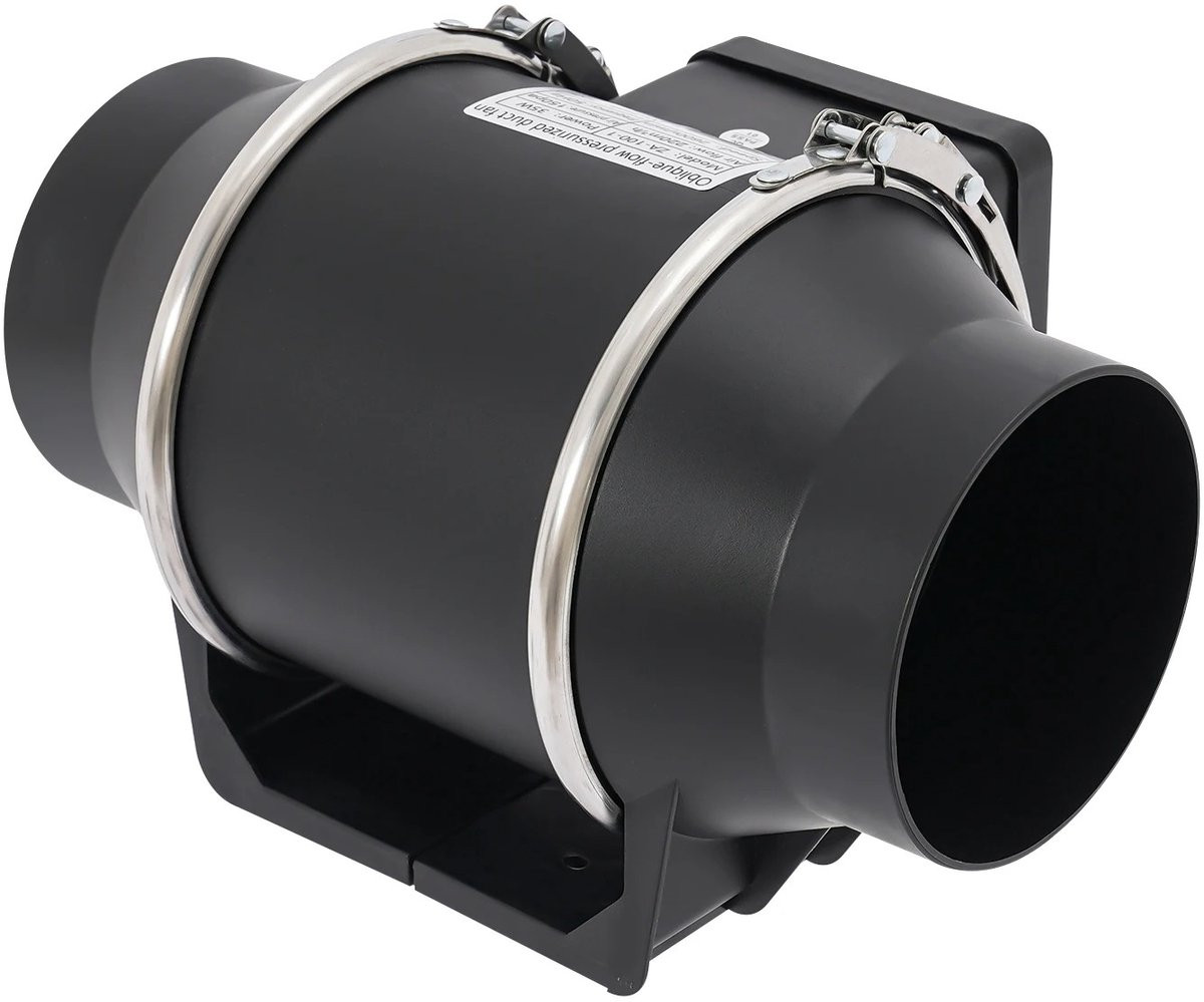Zwarte afzuigventilator voor buiskanaal met 100 mm diameter