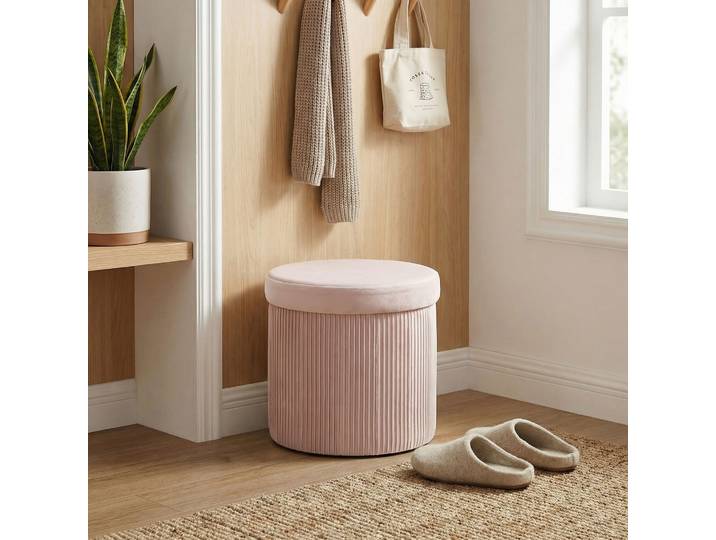 HOMCOM Pouf Rond Velours Rose 35L Pliable 38x38x38 cm