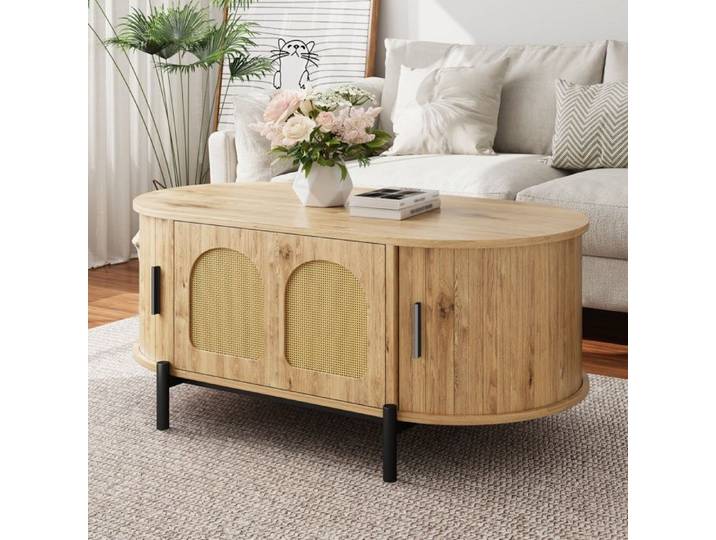 Table basse ovale rotin portes coulissantes effet bois piètement métal TABLE BASSE
