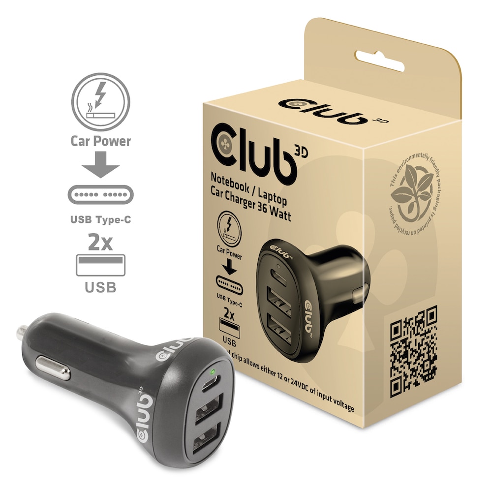 Club3D Club 3D Notebook / Laptop 12V KFZ-Ladegerät 36 Watt USB-A/USB-C CAC-1921