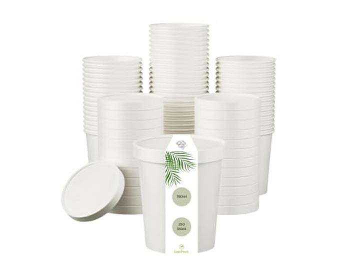 DeinPack 250 Suppenbecher 750ml 26 oz weiß I Suppen-Becher to Go Pappe I 50 Einweg-Becher mit Deckel Eisbecher