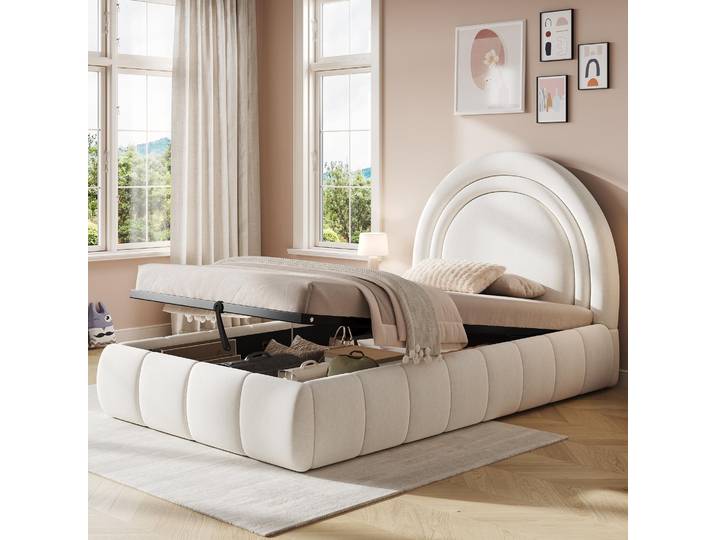 STILVORA Polsterbett 90x200 cm mit hydraulischem Stauraum und Lattenrost, Funktionsbett mit gepolstertem Kopfteil, Einzelbett aus samt Kinderbett Beige