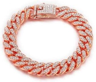Uplift Essentials Luxury Rhinestone Cuban Link Dog Collar Heavy Duty Stainless Steel Jewelry For Pets rose Gold 20 In