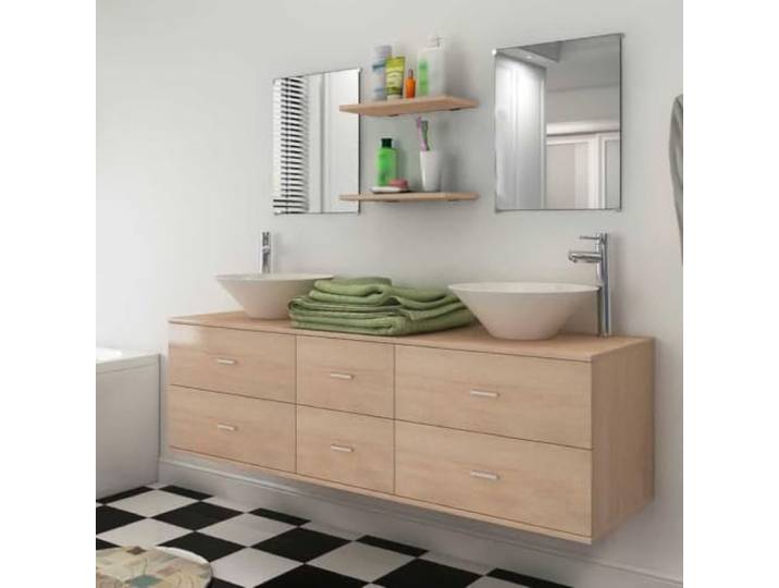 7-tlg. Badmöbel Set Beige mit Waschbecken und Waschtisch-Wandschrank Keramikwaschbecken, Holzwerkstoff, 4 Schubladen, 2 Spiegel, 2 Einlegeböden, Überbau-Montage, Beige