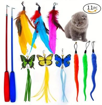 Inspired Finds Interactive Feather Wand Cat Toy Set With Bells For Indoor Cats Interactive Feather Wand Cat Toy Set With Bells For Indoor Cats