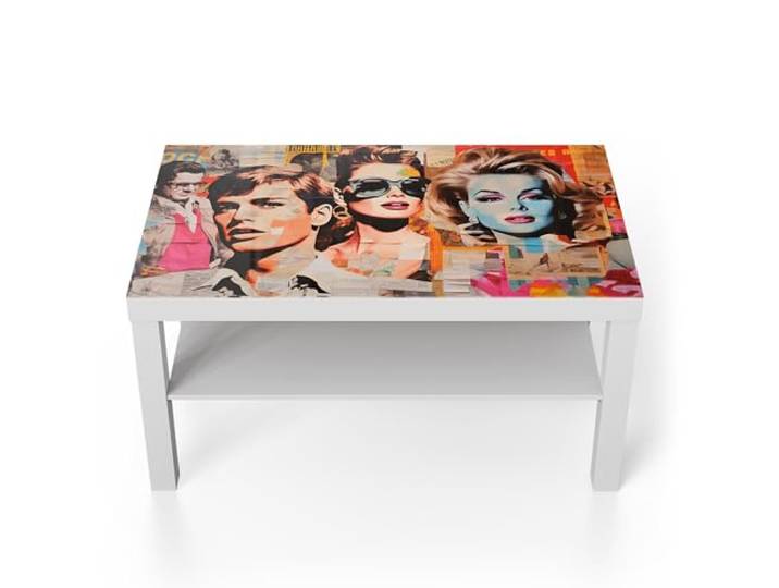 DEQORI Glastisch weiß groß 90x50 cm Motiv Ikonen Collage ausgefallener Beistelltisch aus Glas Hochglanz Couchtisch fürs Wohnzimmer moderner Couch Tisch mit Design