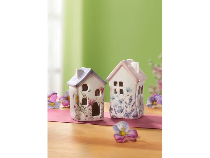 Deko-Häuschen aus Keramik, 2er-Set, Weiss-Lila-Rosa