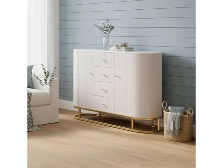 Dmora Sideboard Bivongi 120x40x85 cm Weiß 4 Schubladen 2 Böden