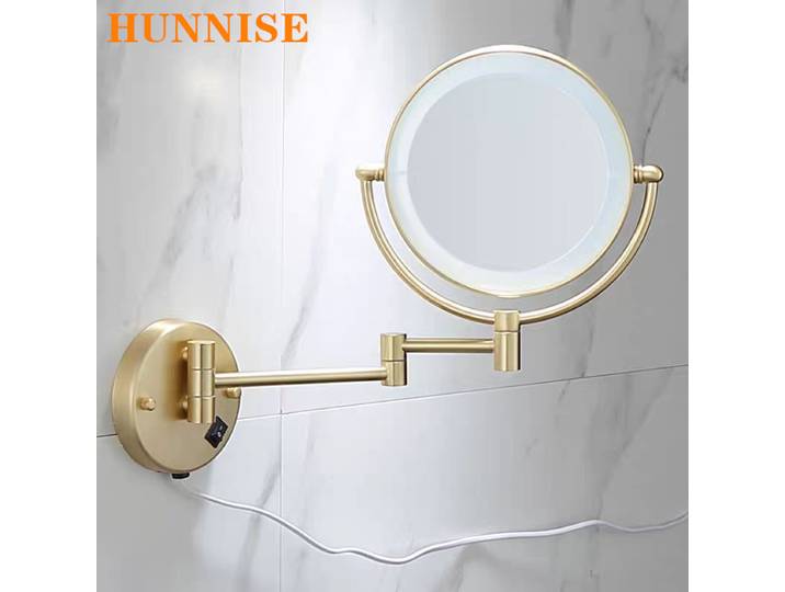 Miroir de salle de bains à LED en laiton brossé, qualité loupe pliante, miroir de maquillage d'hôtel, miroir de salle de bains à lumière LED