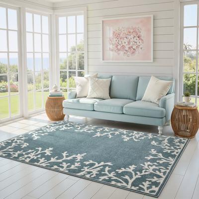 ROW Quinn Coastal Coral Border Blue/ Ivory Area Rug