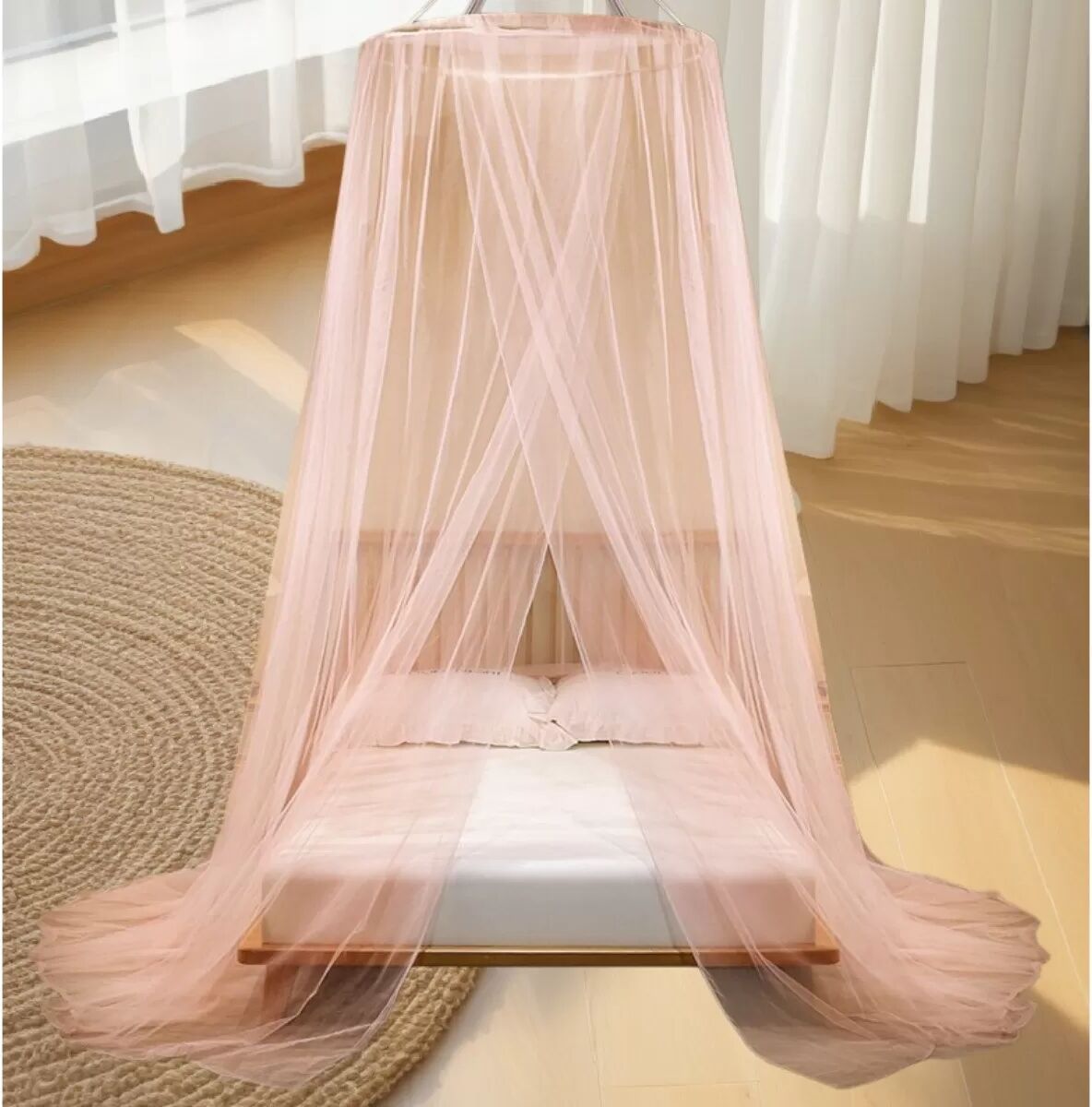 INF Hängendes Kuppel-Moskitonetz - Universeller Polyester-Betthimmel mit Stahlrahmen, hexagonales Wabennetz, 115cm x 180cm Rosa