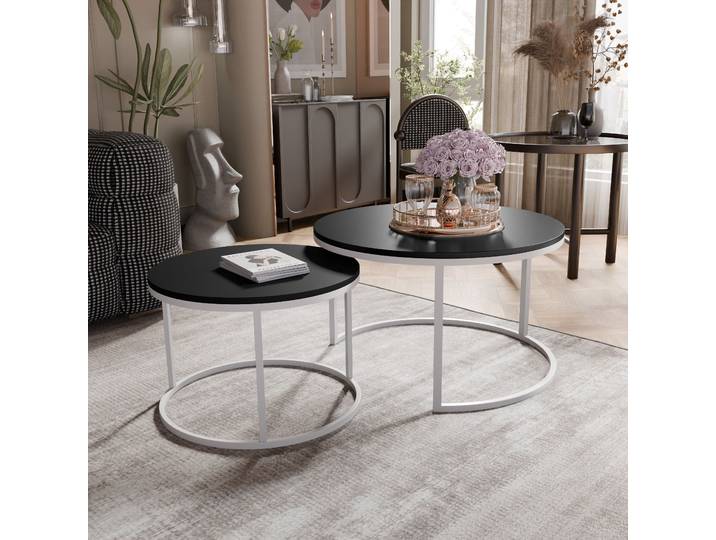 Grekpol Ensemble industriel table basse ronde 2 en 1 Lavo avec piètement métal mat 2pcs table basse table de salon 80x48 cm+60x42 cm (Ø x H) couleur : blanc / noir mat