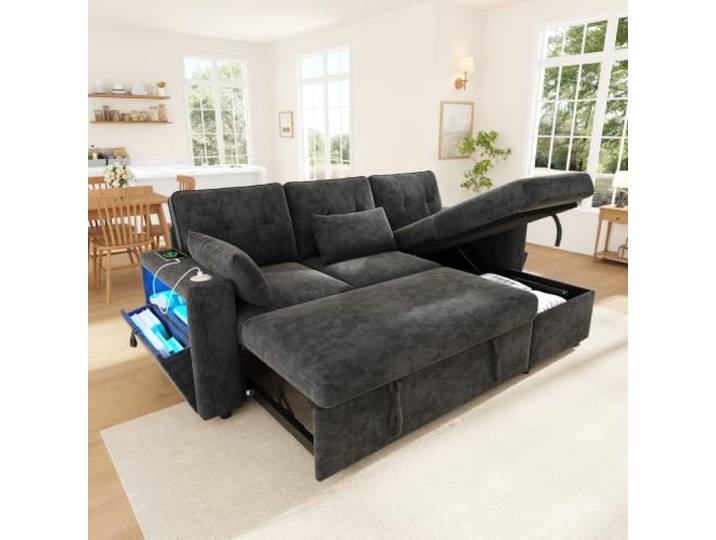 BTM L Form Ecksofa mit Schlaffunktion, LED & Armlehnenfach Grau Ottomane Stauraum, USB/Type‑C, Chenille Stoff