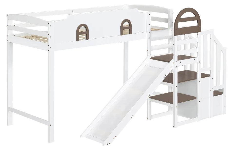 Kinder-Etagenbett - Kombi-Etagenbett - 90 x 200 cm - Mit Fenster - Mit Rutsche - Treppe Mit Handlauf - 2 Stauschränke - Weiß
