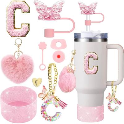 Inspire Select 9pcs Stanley Cup Accessories Set Silicone Boot, Butterfly Straw Cover, Spill Proof Stopper & Initial Charm Kit c Heart Pink 9pcs