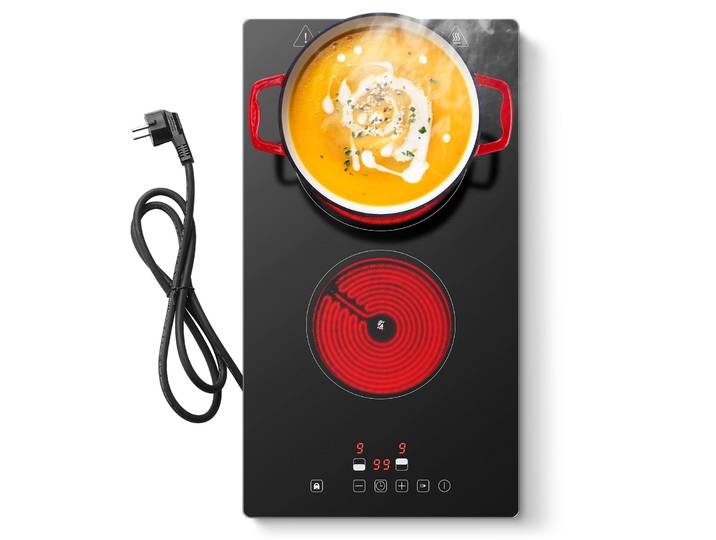 Table de cuisson vitrocéramique KICHPOWER 30 cm, 3000 W, 2 zones, commande tactile avec 9 niveaux de puissance, minuterie 1-99 min et verrouillage enfant