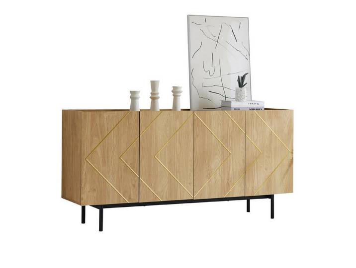 SeedWave Sideboard Sideboard mit Eingelegtem Metallmuster, 78x160x40 cm, Anrichte mit Holzmaserung-Finish und Metallbasis