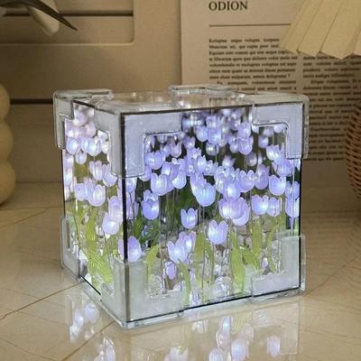 Uplift Essentials Handmade Infinity Tulip Mirror Cube Table Lamp purple