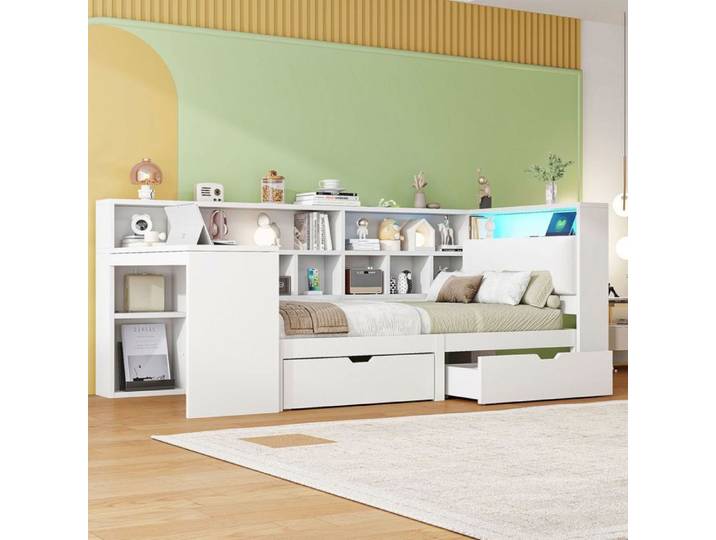 Lit combiné - SOGEU - Lit plateforme en L - 90x200 cm - Bureau intégré - Bibliothèque et tiroirs - LED intégré