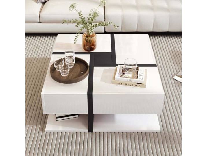 Table basse contemporaine MODERNLUXE - 4 tiroirs - espace de rangement - design géométrique - blanc