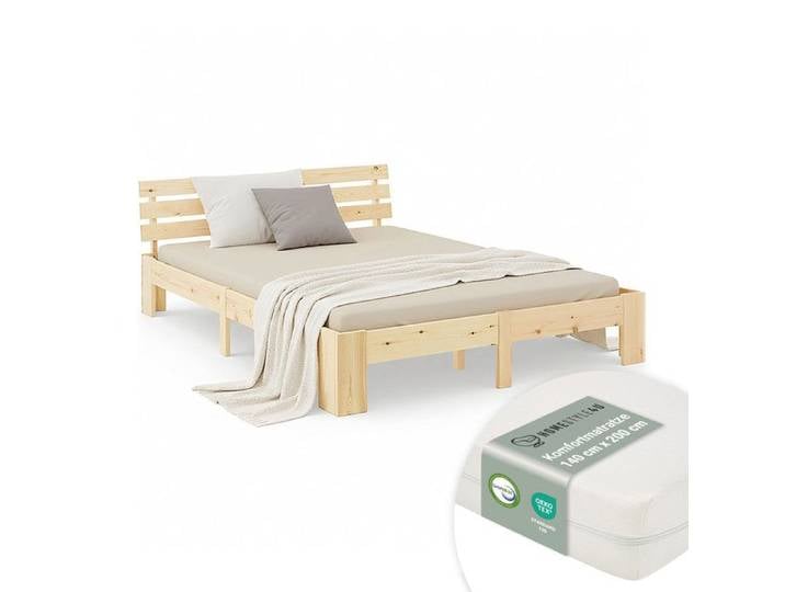 Double Bed with Mattress and Slatted Frame 140x200 Bed Nature Solid Pine Wooden Bed Futon Bed