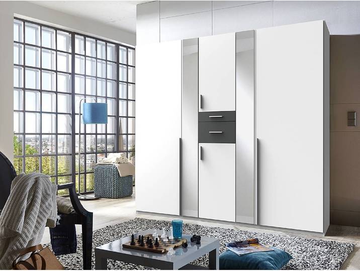 Drehtürenschrank Odessa 225cm Weiß/Weiß/Dunkelgrau