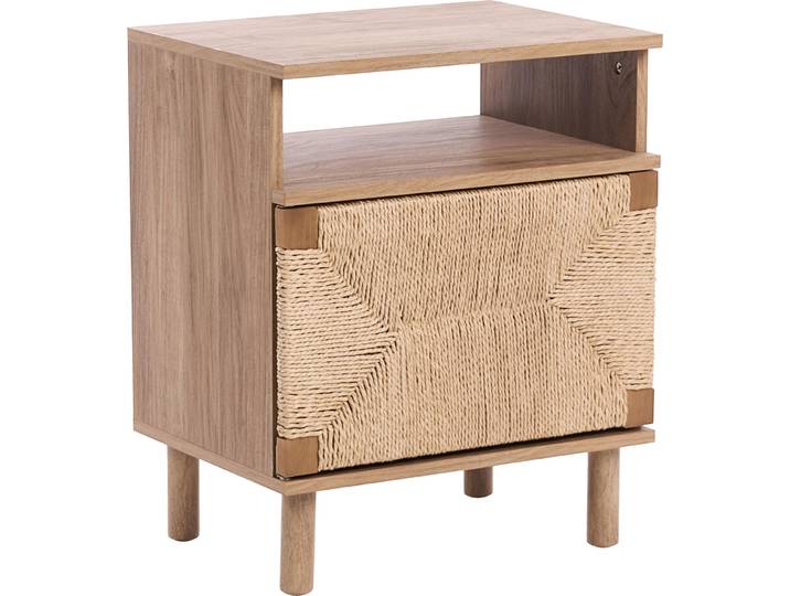 BELIANI Nachttisch Hellbraun Faserplatte mit Holzbeinen Offenes Fach Papierseil-Tür Boho Design Holzoptik Nachtkommode Nachtschrank Schlafzimmer