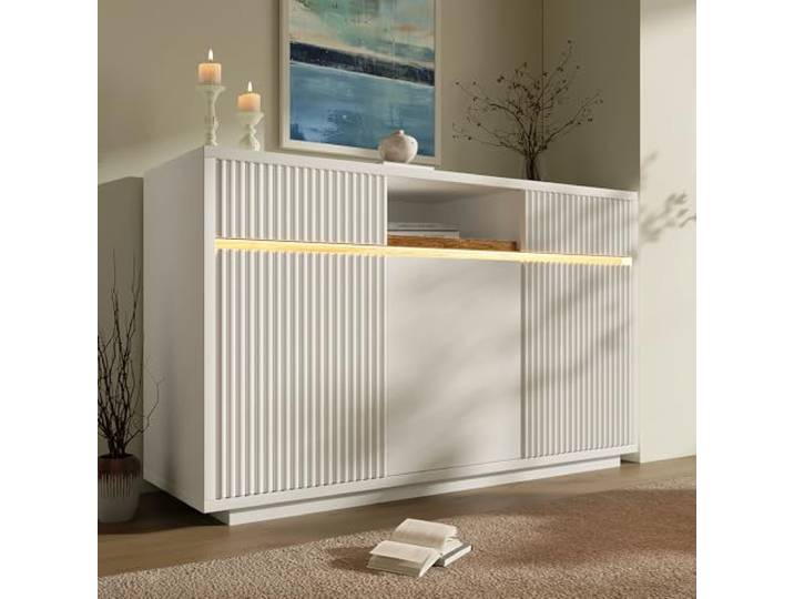 Merax Sideboard Weiß mit LED, Modernen Kommode mit 2 Schubladen und 3 Türen, Schrank mit Verstellbaren Einlegeböden, Komodenschrank für Wohnzimmer, Esszimmer, Schlafzimmer, 140x40x85 cm, Weiß