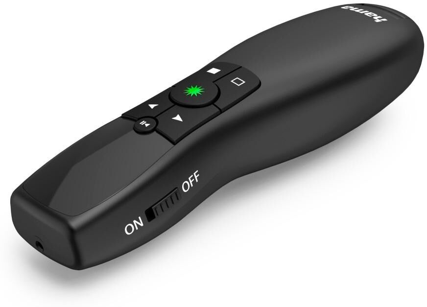 Hama Presenter "Presenter Fernbedienung mit Laserpointer, für Bildschirme, Power Point", schwarz, B:3,8cm H:13,5cm L:3cm, Fernbedienungen, Grüner Laser, USB-A Empfänger, PC, Presenter