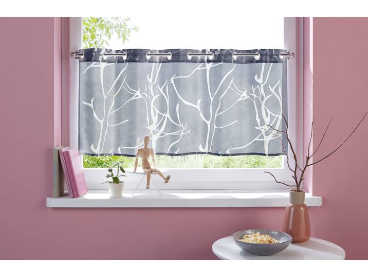 Scheibengardine GOODPRODUCT Anna, 1 Stück, halbtransparent, Ösen, Äste-Motiv Gr. 1, grau, B:90cm H:30cm, Ausbrenner, Polyester, Gardinen, Scheibengardine, Viskose & Polyester, Äste-Motiv