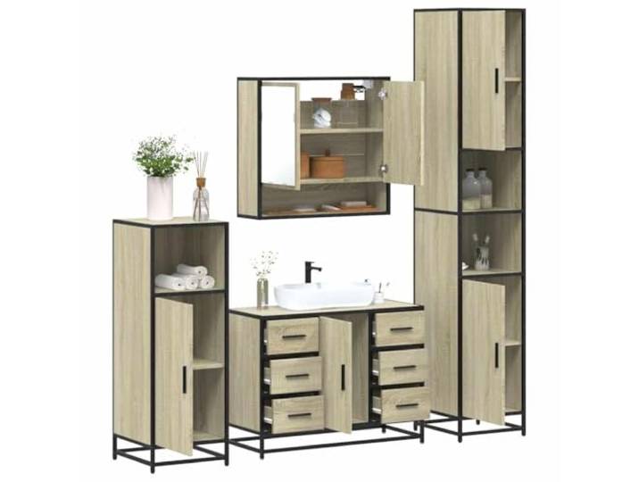 HWKQEQRF 4-TLG. Badmöbel-Set Sonoma-Eiche Holzwerkstoff Metallgestell,Lowboard,Waschbeckenunterschrank mit Öffnung,Spiegelschrank,Wandmontage,Stauraum
