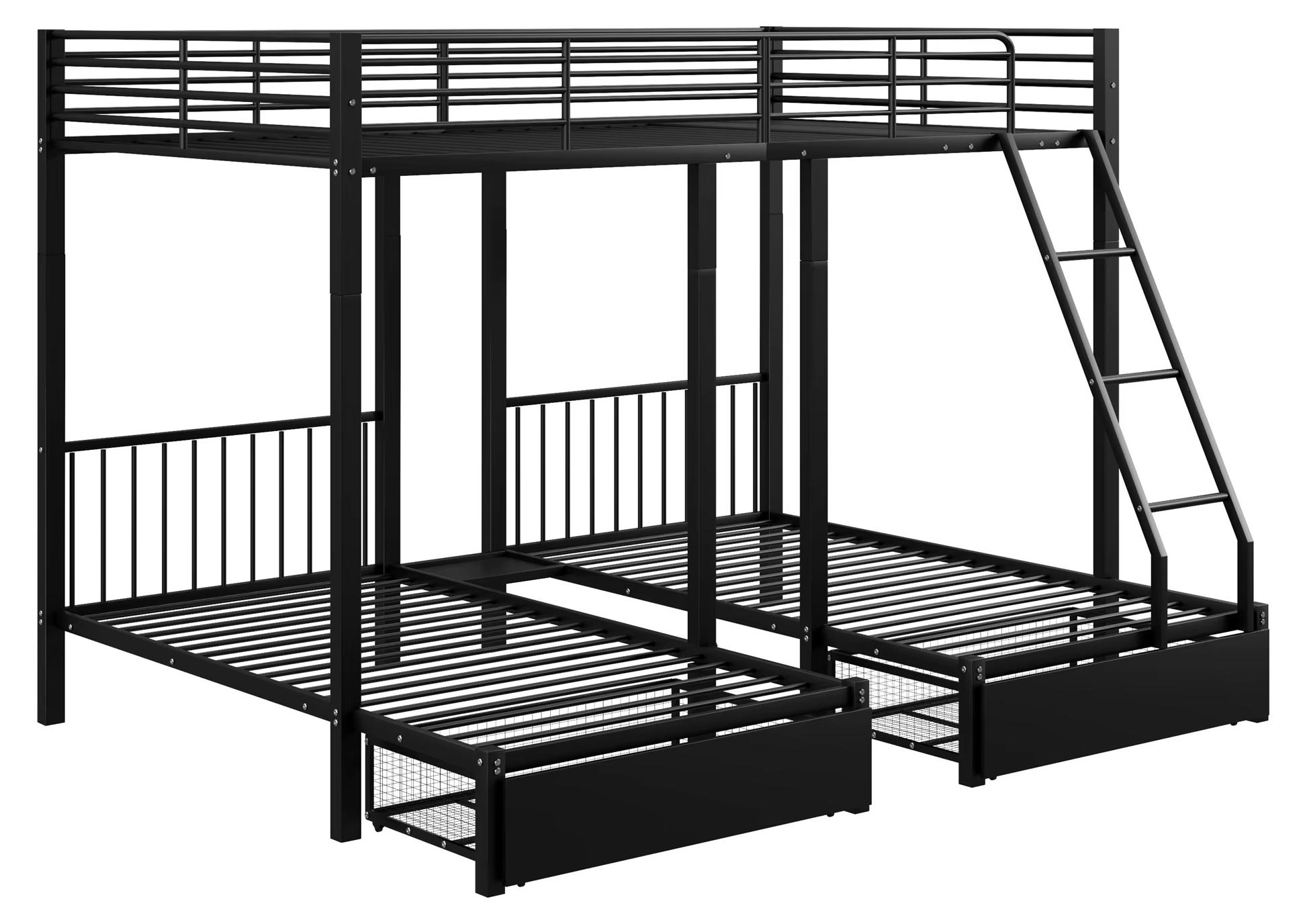 Umbaubares Dreibett-Etagenbett - Metallrahmen - 3 Schlafplätze - Schubladen - 140 x 200 cm Doppelbett - Zwei 90 x 200 cm Einzelbetten - Schwarz