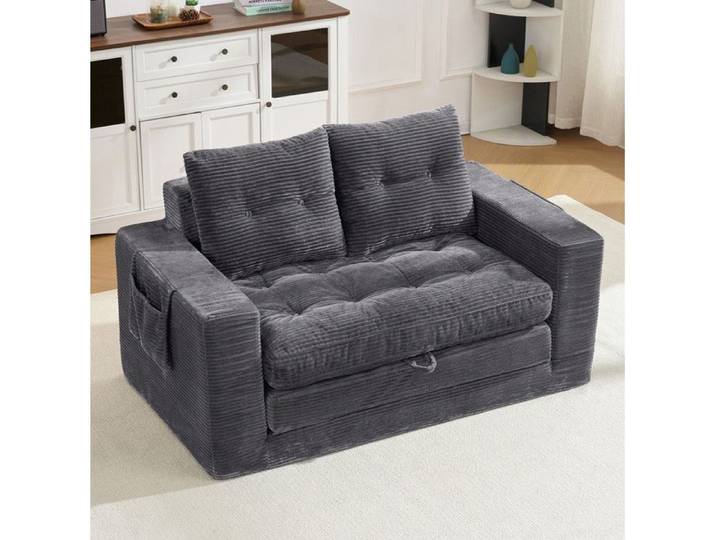 WOVREO Canape convertible 2 places depliable avec accoudoirs larges poches laterales velours cotele gris fonce
