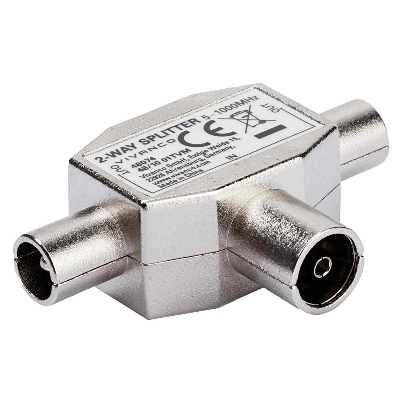 Vivanco TV-Splitter von Koaxialbuchse auf 2x Koaxialstecker - Silber (VVANSHILD2M1F)
