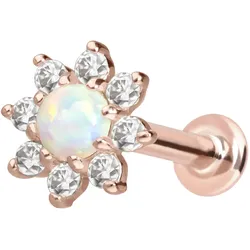 14 Karat Gold Labret mit Innengewinde MOISSANIT-BLUME + SYNTHETISCHER OPAL