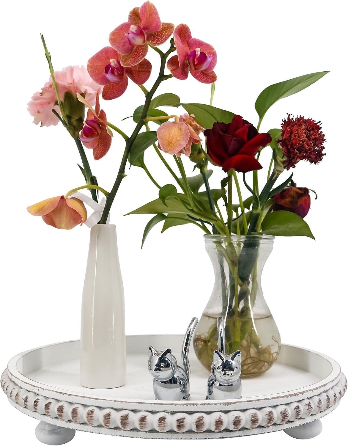 Decoratieve Houten Serving Tray met Ronde Kralen - Rustieke Witte Opbergkom voor Woonkamer, Salontafel en Keuken Decoratie