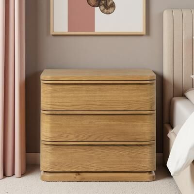 ZWYO HOSIMU "26""L Synthetic Wood Nightstand with Center Metal Glides, Wire-Brushed Veneer & Natural Finish for Bedroom"