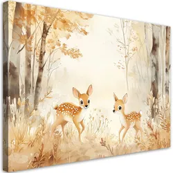 LEINWANDBILD Hirschtiere im Wald Beige 100x70cm