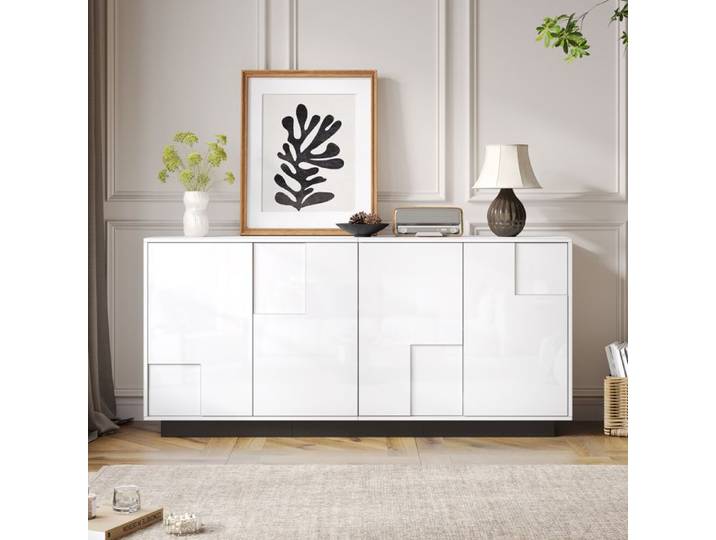 Buffet Moderne 160x37x75 5 cm Meuble de Rangement Blanc Brillant avec 4 Portes Géométriques