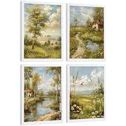 POSTER 4er Bilder-Set Wandbilder Impressionismus Landschaft modern Wohnzimmer Deko, Schlafzimmer, Küche, Badezimmer Weißer Rahmen A4