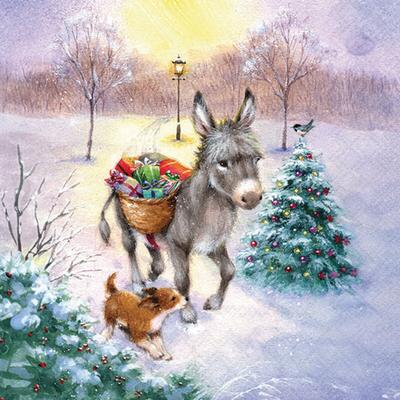 Ambiente 20 Servietten Papier 33x33cm 3-lagig - hochwertige Einweg Papierservietten mit Esel Hund Motiv - Winterservietten mit Weihnachtsbaum Tischdeko