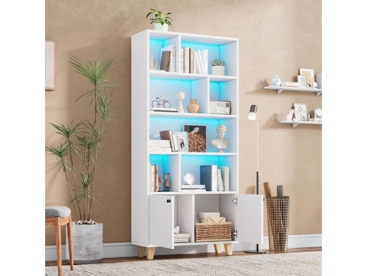 Bibliothèque Meuble de Rangement avec Lumière D'ambiance à Changement de Couleur LED Pieds en Bois Massif 80x30x173cm Blanc