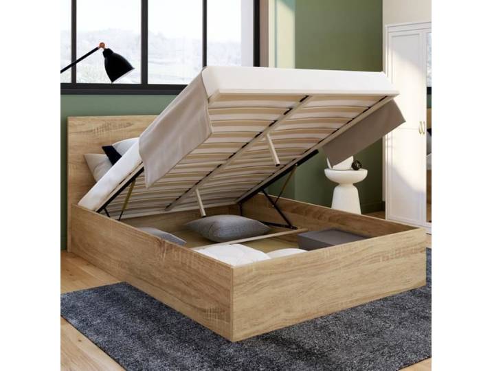 IDMARKET Lit coffre double SEASIDE avec tête de lit et sommier 140x190 cm façon hêtre