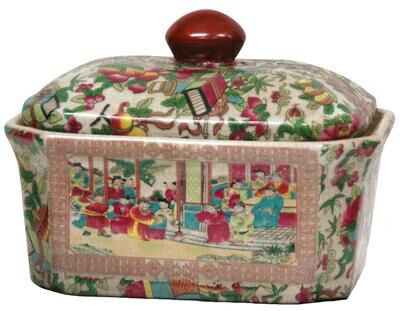 "Red Lantern 8"" Rose Medallion Porcelain Covered Jar"
